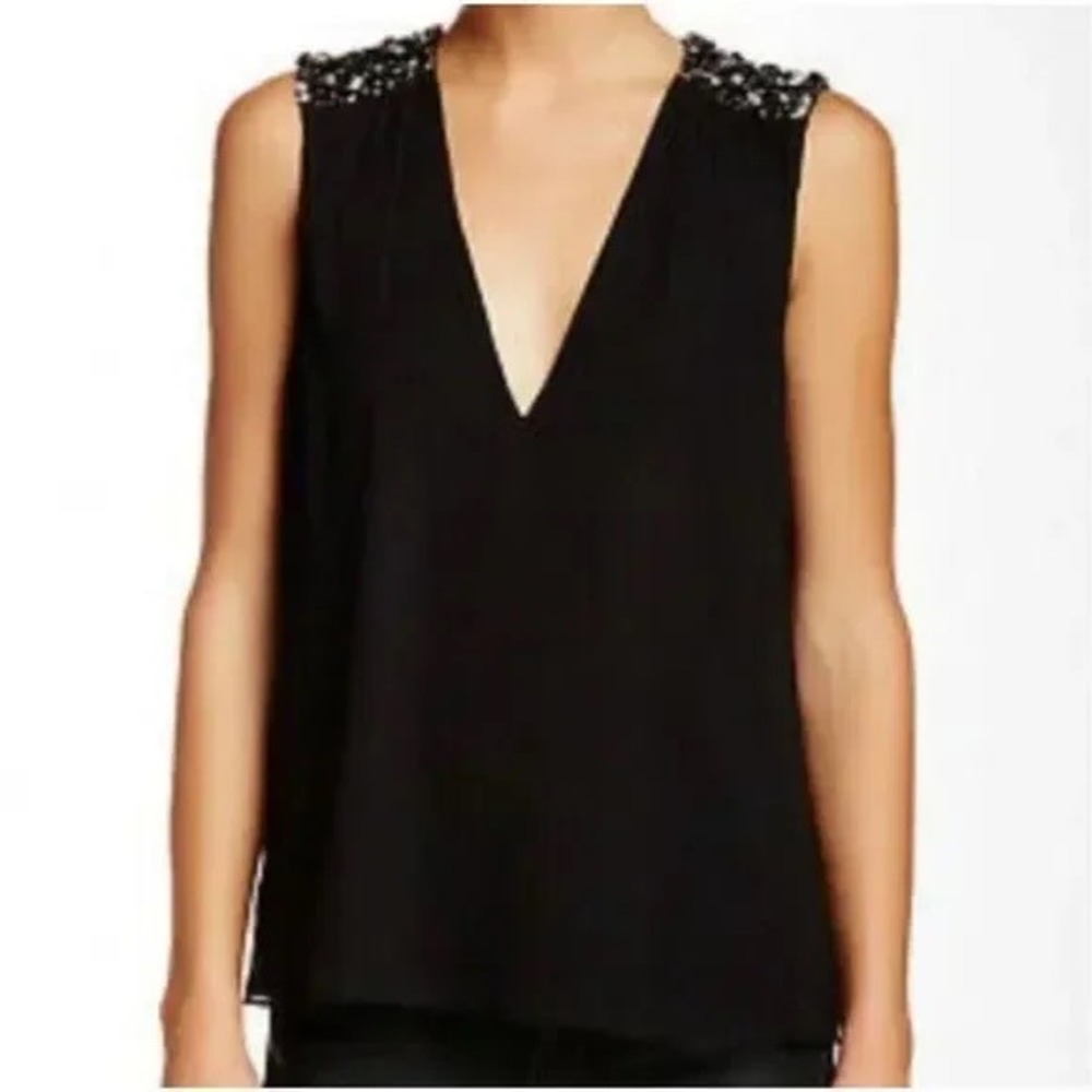 Alice & Olivia  • Black V‎ Neck Sleeveless Embellished Shoulder Blouse Top - Picture 2 of 8